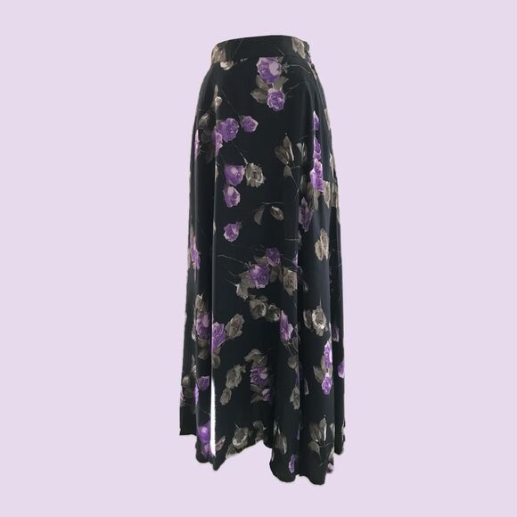 Vintage 90s ABS Black Purple Rose Floral Midi Skirt w/ Pockets Small - Picture 2 of 9